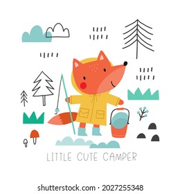 Cute hand drawn animals camper in scandinavian style. A big adventure with animals cartoon character fox - vector print