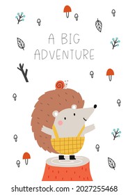 Cute hand drawn animals camper in scandinavian style. A big adventure with animals cartoon character hedgehog - vector print