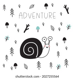 Cute hand drawn animals camper in scandinavian style. A big adventure with animals cartoon character snail - vector print