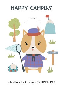 Cute hand drawn animals camper in scandinavian style. A big adventure with animals cartoon character dog - vector print.