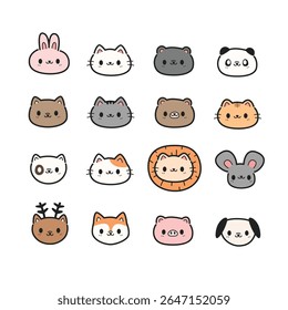 Cute hand drawn animals face cartoon doodle collection set, Various animals head cartoon clipart design