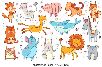 Cute hand drawn animals. Friendship animal funny doodle cat, decorative adorable fox and baby bear. Rainforest, jungle and pets animals. Isolated vector illustration icons set