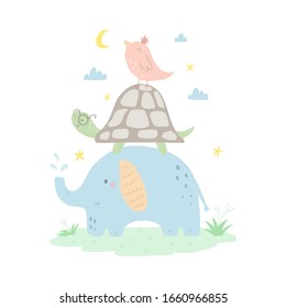 Cute Hand Drawn Animals. Funny Cards With Lettering. Elephant, Tortoise, Bird. Happy Friends