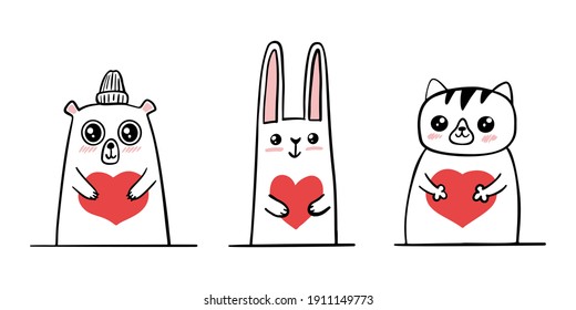 Cute hand drawn animals hold hearts. Happy Valentine's Day  design set. Suitable for t-shirt prints, cards or posters. Vector illustration EPS10