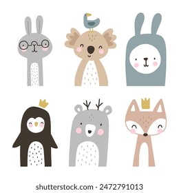 Cute hand drawn animals portrait, bear, fox, penguin, koala, rabbit