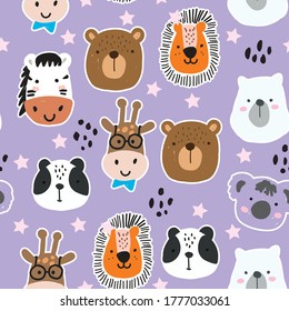 Cute hand drawn animals seamless pattern