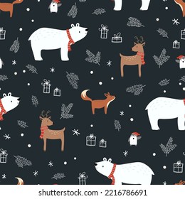 Animales dibujados a mano sin fisuras, fondo de invierno, diseño navideño - ideal para papeles pintados, papel envolvente, telas - diseño vectorial