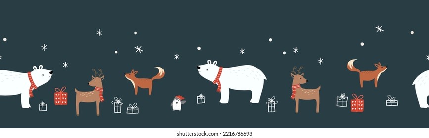 Cute hand drawn animals seamless pattern, winter background, christmas design - great for wallpapers, wrapping paper, fabrics - vector design