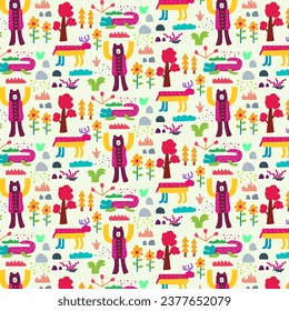 Animales dibujados a mano sin costura patrón. para tejidos, papel impreso, papel textil y papel pintado