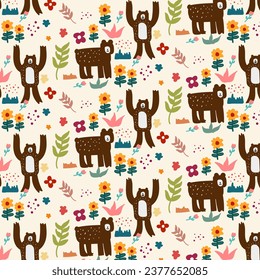 Cute hand drawn animals Seamless pattern. for fabric, print, textile and wallpaper