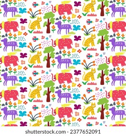 Cute hand drawn animals Seamless pattern. for fabric, print, textile and wallpaper