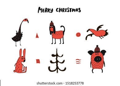 Cute hand drawn animals set - Merry Christmas greetings. lettering marry christmas. vector illustration. doodle style.