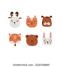Cute Hand drawn animals. Set flat Animals. Muzzles of deer, hare, cat, dog, fox and bear. Vector black and white illustration