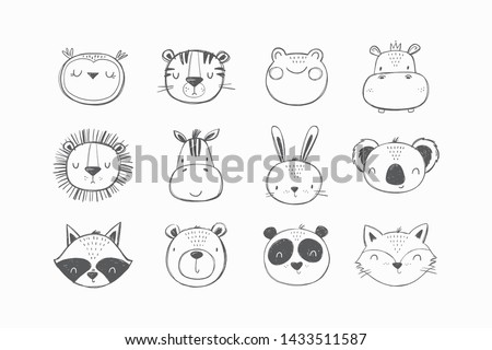 Cute Hand drawn animals vector set. Vector lion, koala, hare, lion, tiger, frog, panda, fox, zebra, raccoon, hippo, owl