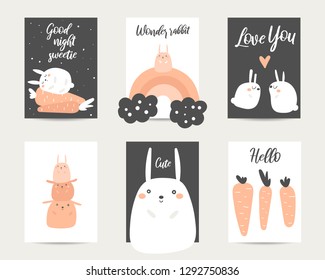 Cute hand drawn anime style baby shower, easter cards, brochures, invitations with rabbit, carrot, ranibow, heart. Cartoon kawaii hare background in asian style
