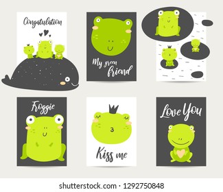 Cute hand drawn anime style baby shower cards, brochures, invitations with frog, whale, heart, crown, swamp . Cartoon kawaii toad background in asian style