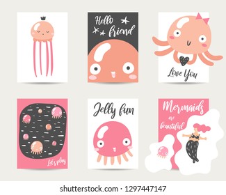 Cute hand drawn anime style cards, brochures, invitations with jellyfish, mermaid, heart, lettering quotes. Cartoon kawaii jellyfish background in asian style for baby shower, valentine day