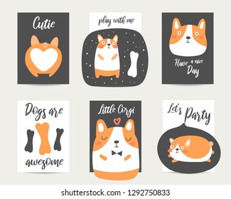 Cute Hand Drawn Anime Stylecards, Brochures, Invitations With Corgi Dog, Bones, Lettering Quotes. Cartoon Kawaii Corgi Background In Asian Style For Pet Shop, Adoption Center, Dog Training Center