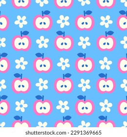 Cute hand drawn apple and flower seamless pattern background.