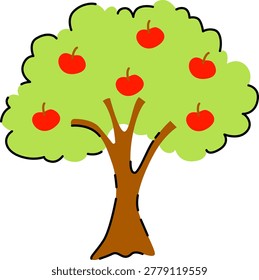 Cute hand drawn apple tree illustration in childish doodle style with playful orchard details and rustic countryside feel. Perfect for farm collections, nursery decor and seasonal harvest themes.
