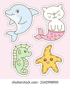 Cute hand drawn aquatic animal stickers