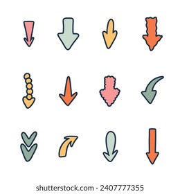 Cute hand drawn arrows set in doodle flat style. Collection of bold and funky arrows with outline in different shapes. Business arrow mark icons for web, banner, design isolated on white background