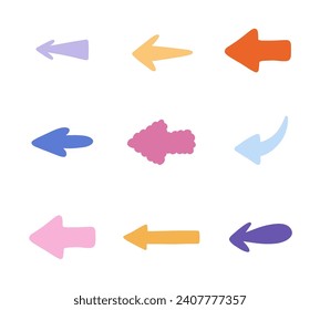 Cute hand drawn arrows set in cartoon flat style. Collection of bold and funky arrows in different shapes. Business arrow mark icons for web, banner, design isolated on white background.