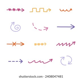 Cute hand drawn arrows set in doodle scribble style. Funny collection of freehand arrows, curved lines, swirls. Business arrow mark icons for web, banner, design isolated on white background.