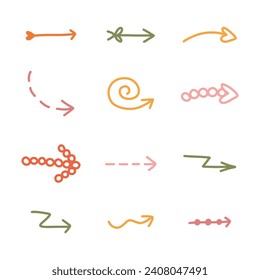 Cute hand drawn arrows set in doodle scribble style. Funny collection of freehand arrows, curved lines, swirls. Business arrow mark icons for web, banner, design isolated on white background.