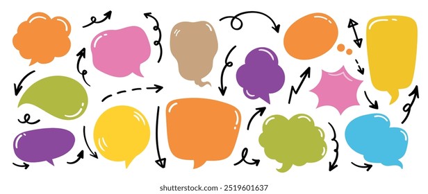 Cute hand drawn arrows and speech bubble vector set.