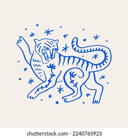 Cute hand drawn artistic Asian oriental tiger artistic boho Chinese mystical style vector