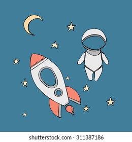 cute hand drawn astronaut with stars floating in space, cosmic vector illustration