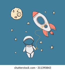 cute hand drawn astronaut with stars floating in space, cosmic vector illustration