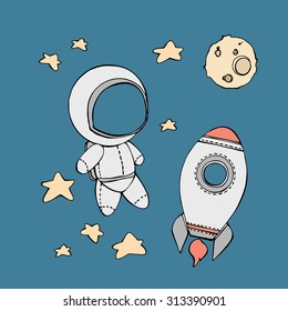 cute hand drawn astronaut with stars floating in space, cosmic vector illustration