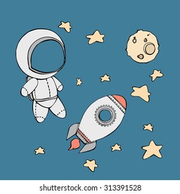 cute hand drawn astronaut with stars floating in space, cosmic vector illustration