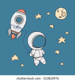 cute hand drawn astronaut with stars floating in space, cosmic vector illustration