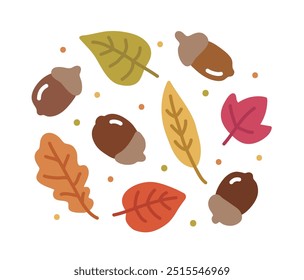 Cute hand drawn autumn concept illustration of fallen leaves and acorns.