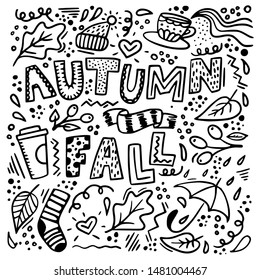 cute hand drawn autumn doodles on white background. Fall leaves, umbrella, drops, tea and coffee cups, quotes and other decorative elements for prints, banners, backgrounds, cards, posters,etc. EPS 10