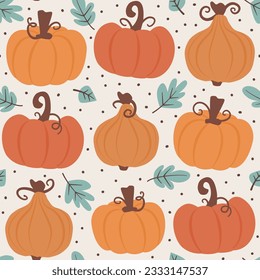 Cute hand drawn autumn fall season seamless vector pattern background illustration with pumpkins and leaves