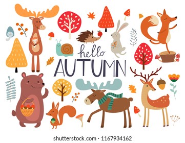 Cute hand drawn autumn forest animals and fall floral elements. Ideas for postcards and posters. Vector illustrations.