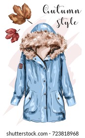 Cute hand drawn autumn jacket. Stylish winter jacket. Sketch. Vector illustration.