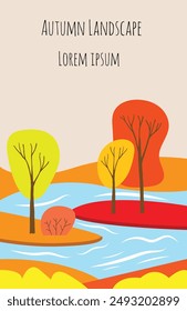 Cute Hand Drawn Autumn Landscape with Colorful Trees and a Lake. Nature plants and trees concept vector