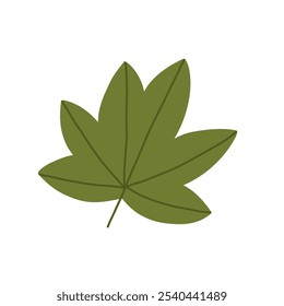 Cute hand drawn autumn leaf, cartoon flat vector illustration isolated on white background. Simple green fall leaf, nature design element.