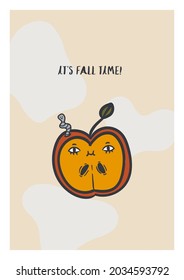 Cute hand drawn autumn pre-made trendy original illustration perfect for postcards, posters, books, stationary, textile, print or web. Fall halloween hand drawn vector with apple and worm.