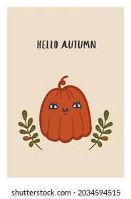 Cute hand drawn autumn pre-made trendy original illustration perfect for postcards, posters, books, stationary, textile, print or web. Fall halloween hand drawn vector with smiling pumpkin and leaves.