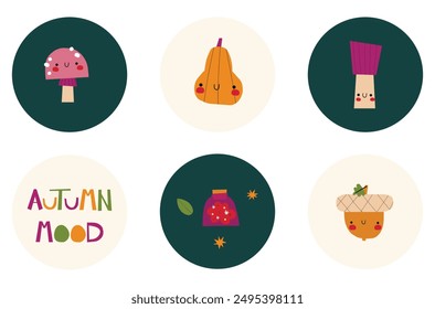 Cute Hand Drawn Autumn Round Shape Stickers. Cute mushrooms, pumpkins and acorn on a dark and light background. Halloween Candy Bar Decoration Set. 