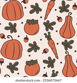 cute hand drawn autumn season seamless vector pattern background illustration with orange pumpkins, carrots, persimmon, acorns, leaves and dots