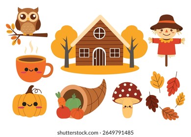 Cute hand drawn autumn set. Suitable for flat design graphic for autumn party, farmers market, harvest festival, thanksgiving day 