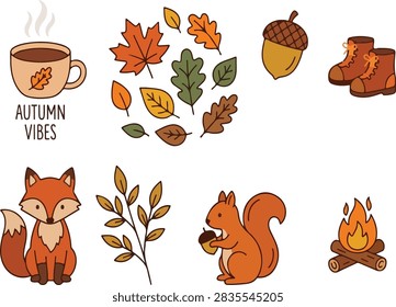 Cute hand drawn autumn set with fox squirrel cup of tea leaves and bonfire autumn vibes fall elements forest animals hot drink squirrel illustration wildlife seasonal campfire collection