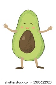Cute hand drawn avocado with face. Isolated vector illustration with white background.